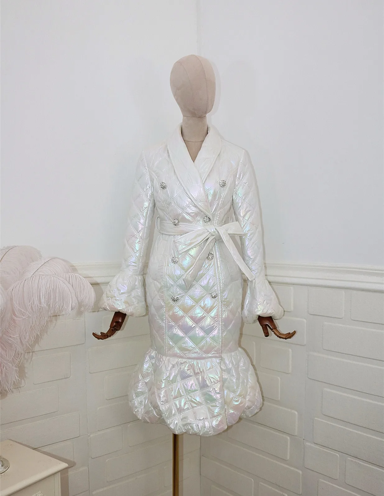 winter tie with waistband, sleeves, gradient, medium length, fishtail dress, female