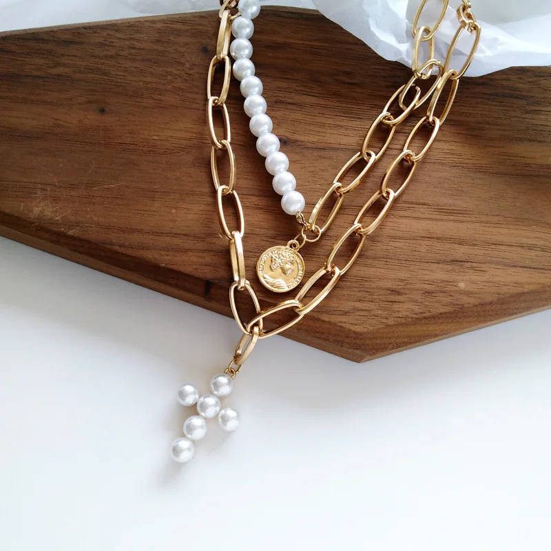 

2019 Fashion Creative Simple Hip Hop Tide Female Street Shoot Chain Pearl Cross Necklace New Double Jewelry Neck Chain