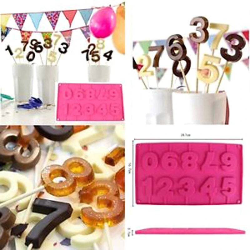 Hot 1 Pcs Lollipop Silicone Mold 0-9 Numbers Shape 3D Hand Made Pop Sucker Sticks Lollipop Chocolate Mold With Sticks