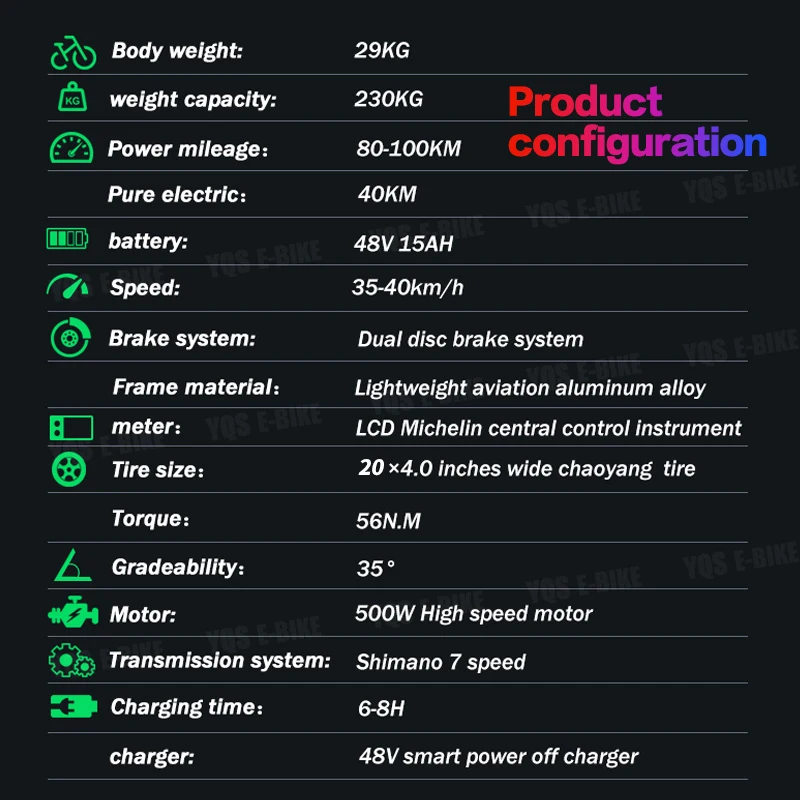 Comprar YQS nuevo 500W 40 KM h bicicleta eléctrica de montaña de nieve 20 pulgadas 4,0 gordo neumático de bicicleta electrónica bicicleta eletrica bicicleta eléctrica para playa