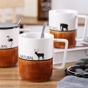 

Simple Ceramic Coffee Mug with Cover Spoon Nordic Style Animal Pattern Coffee Milk Tea Juice Drinking Cup Christmas Gifts 420ml