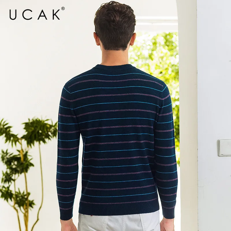 Reviews UCAK Brand Pure Merino Wool Sweater Men Casual Striped O-Neck Pullover Men Autumn Winter Warm Cashmere Sweaters Pull Homme U3073