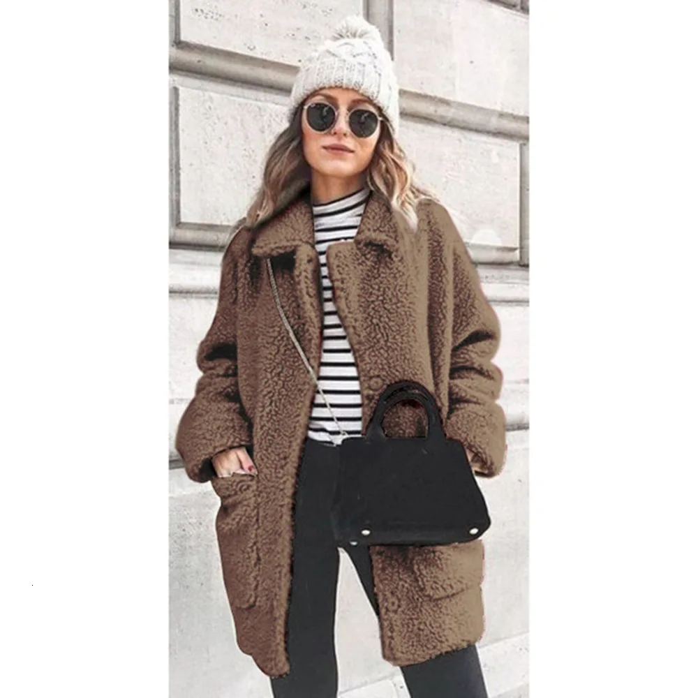Женское длинное плюшевое пальто из искусственного меха, зимняя теплая плюшевая меховая свободная Меховая куртка размера плюс, Женское пальто с нагрудным карманом, верхняя одежда