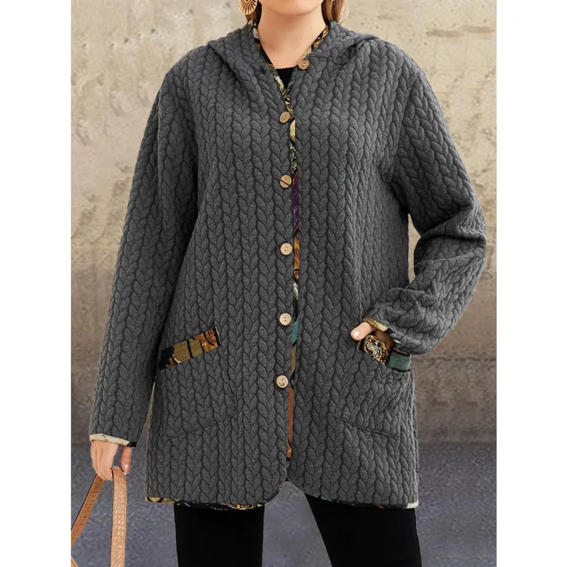 

2021 Leisure Hooded Single Breasted Loose Size Long Sleeve Medium Length Splicing Women's Jacket Qn*