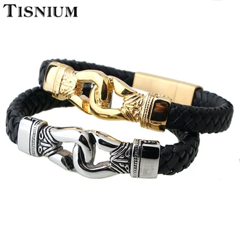 

Tisnium Fist Design Elements Men's Black Leather Bracelet High Quality Stainless Steel Jewelry Hip-Hop Male Gift Wholesale 2020