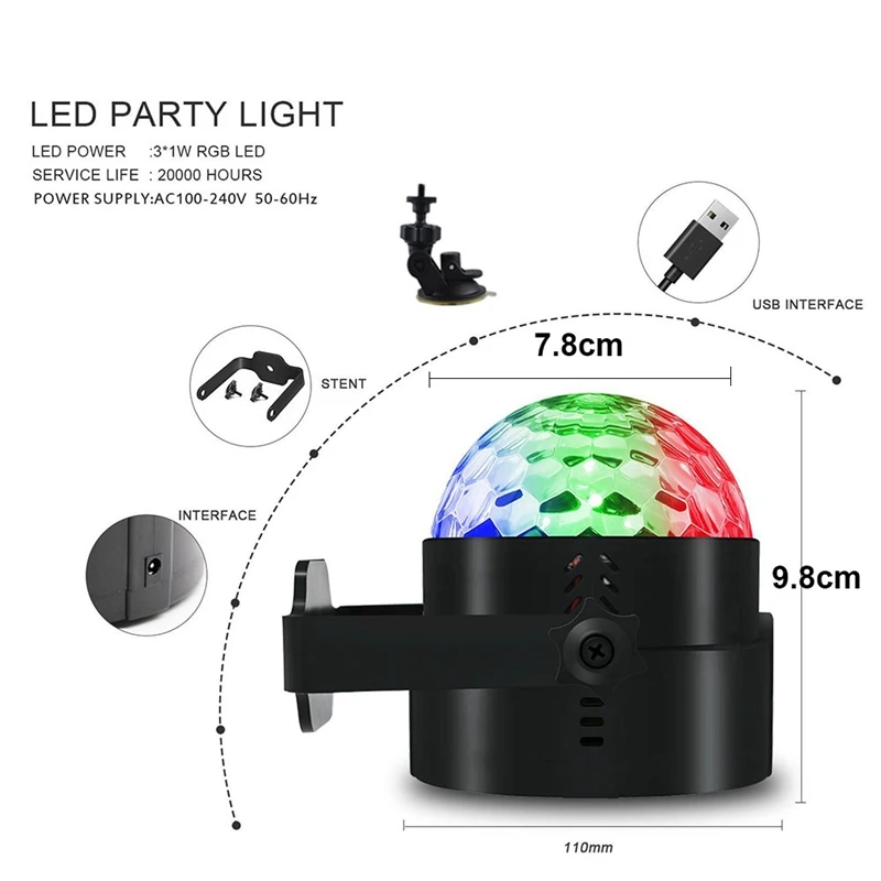 3 Вт RGB дискотечный шар, вечерние, сценический светильник, звуковая активация, USB, автомобильный, DJ, волшебный светодиодный, для детей, подарки, клуб, день рождения, бар, Рождество, с пультом дистанционного управления