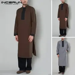 INCERUN/Новинка, мужской халат с длинным воротником-стойкой, свободный, 2019, модный, однотонный, длинный в этническом стиле, с длинными рукавами