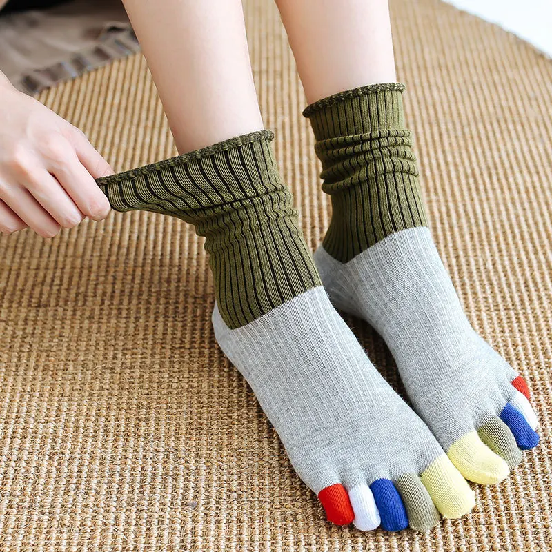 Toe Short Socks Women Girl Cotton Striped Patchwork Colorful Fashion Sweat-Absorbing Harajuku 5 Finger Happy Socks 4 Seasons