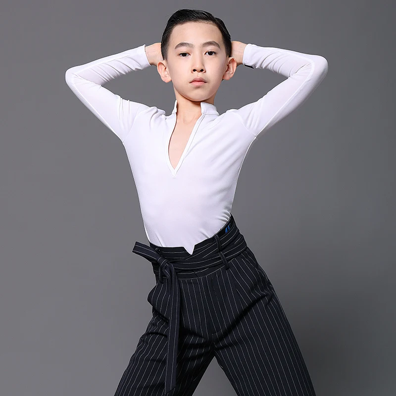 Ballroom Latin Dance Practice Clothes Boys Latin Dance Tops Black V-Neck Shirts Chacha Samba Tango top Costumes