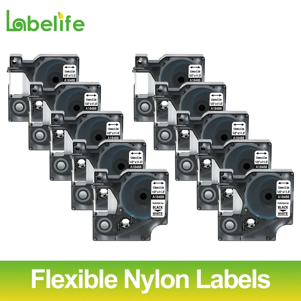 Labelife 10 упаковок 18488 Рино 12 мм Гибкая фотобумага S0718100 черно белая для DYMO LabelWriter и