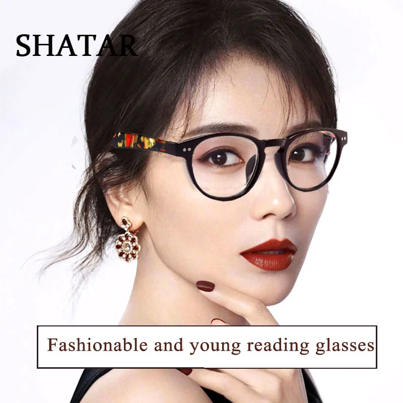 

Shatar New Round Frame Reading Glasses Women Anti-Blue Light Fashion Look Young Big Lenses Mirror Legs Have Springs