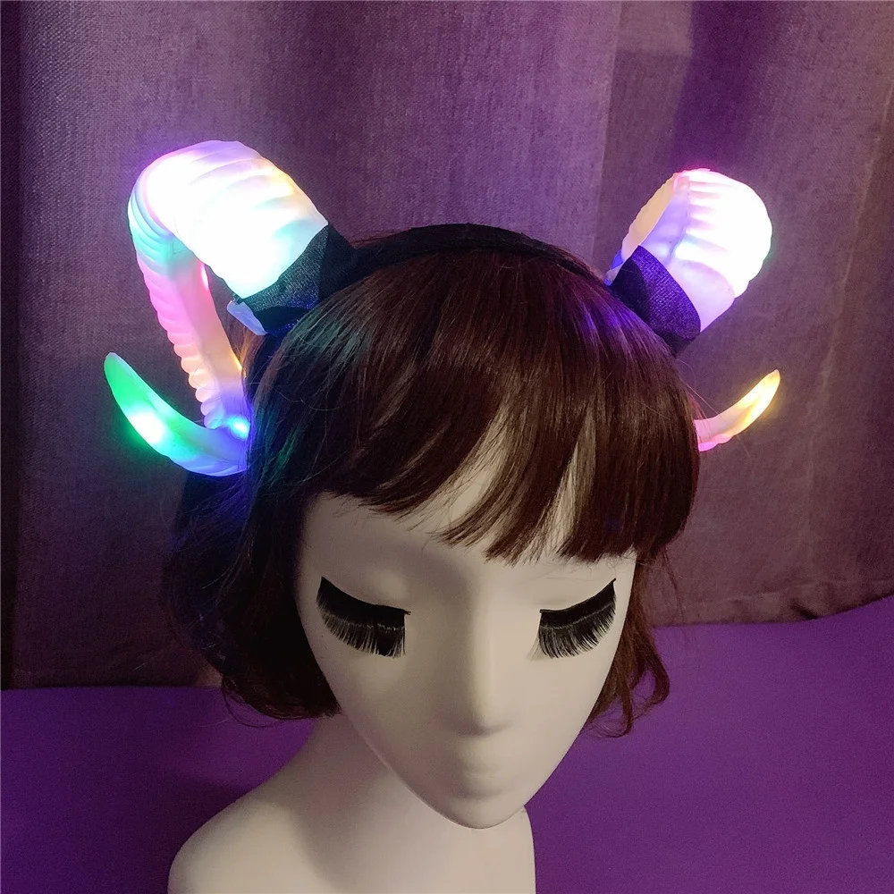 Светодиодный Блестящий головной убор Devil Horns Gothic Ram ободок с рогом для женщин аксессуары для волос Ram Horns повязка для волос Хэллоуин косплей