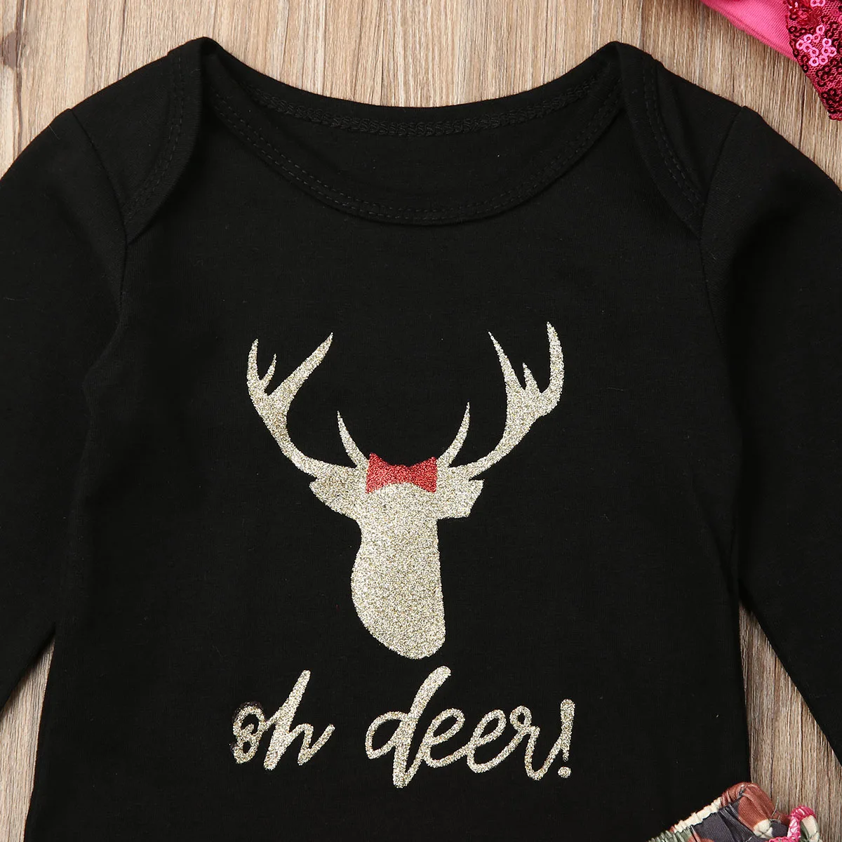 0-18M Newborn Christmas Baby Girls Long Sleeve Cotton Deer Print Tops+Camouflage Shorts+Headband Outfit Set