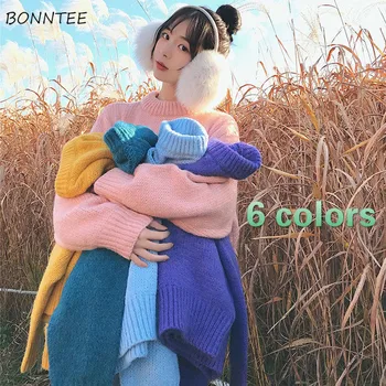 

Sweaters Women Solid Thick Warm O-Neck Soft Harajuku Sweet Womens Pullover Knitted Chic Casual All-match Loose Korean Ulzzang