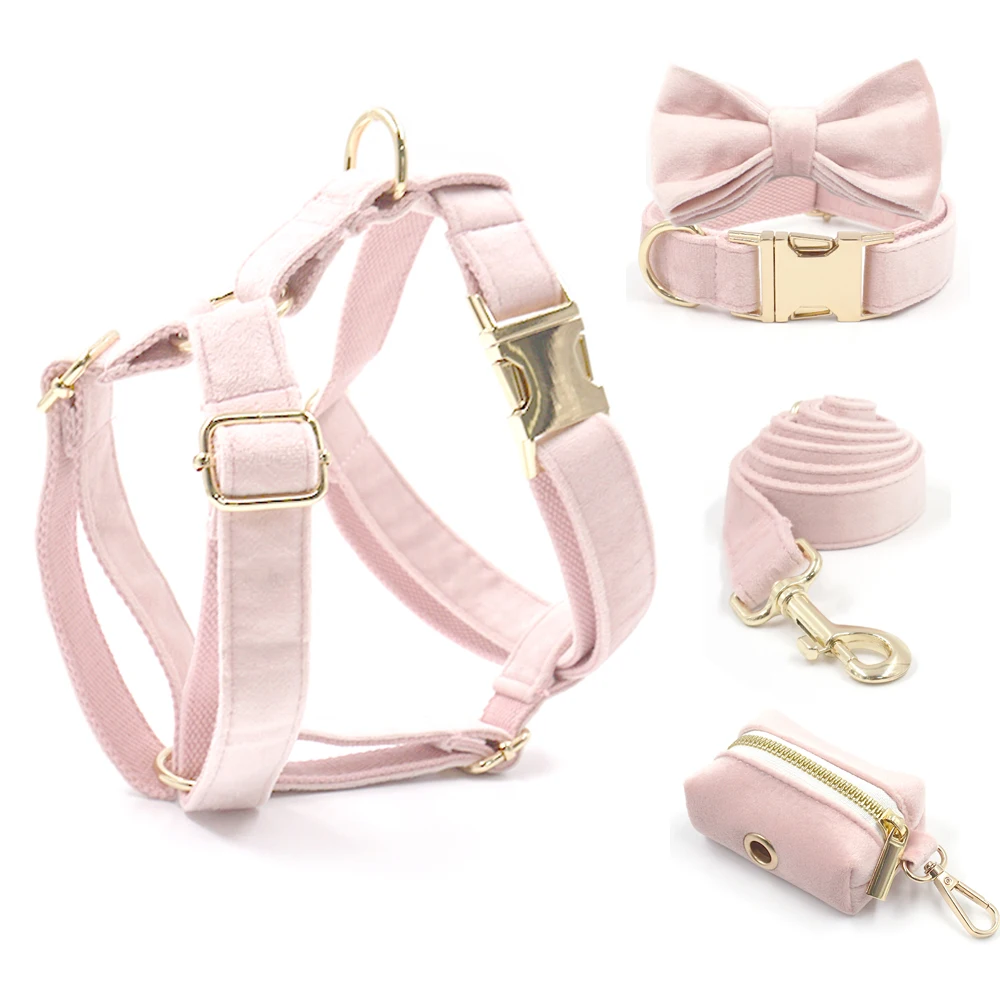 Pink Velvet Dog Harness Personalized Thick Luxury Collar for Dogs Adjustable Soft Padded Dog Collar and Leash Set for Female Pet dog collar,pet harness leash set,pet harness set,pet leash set