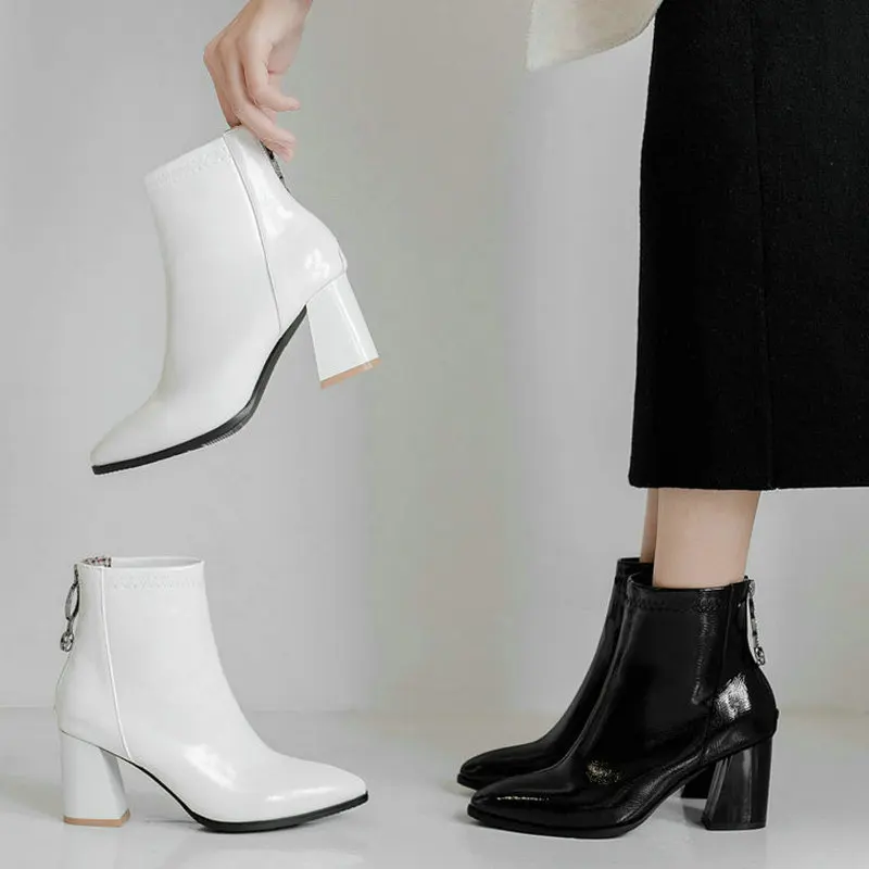 

Winter Autumn Spring Women Boots Artificial Leather Pointed Toe Square Root Ladies Ankle Boots Back Zipper High Heel Short Boots