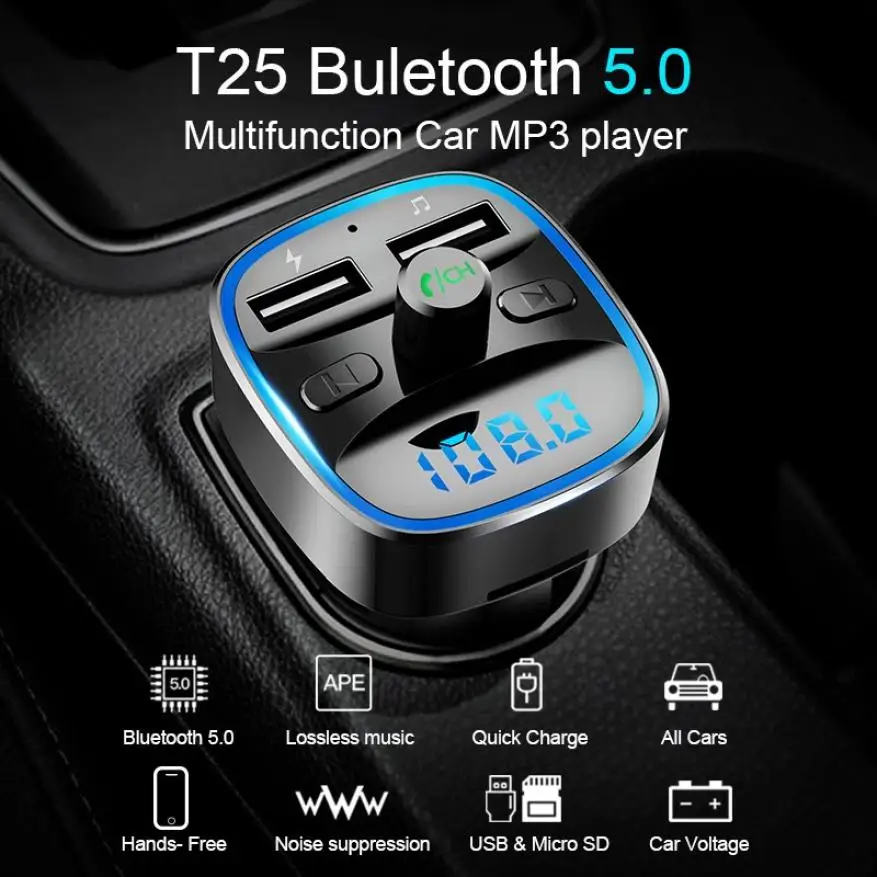 

Car Kit Handsfree Wireless Bluetooth 5.0 FM Transmitter transmetteur fm bluetooth voiture LCD MP3 Player USB Charger 2.4A Car
