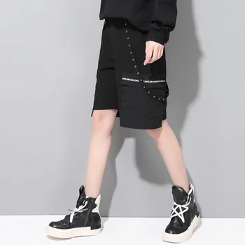 

Personality Punk Style Corn Eye Webbing Casual Women Sweatpants Elastic Waist Straight Loose Pockets Shorts Fashion Streetwear