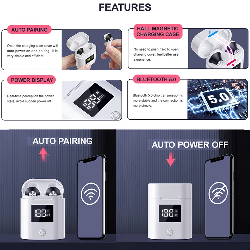 D019 Portable TWS Wireless Bluetooth 5.0 Earphone 3D Stereo Sound Earbud Headset Led Digital Display Charging Case