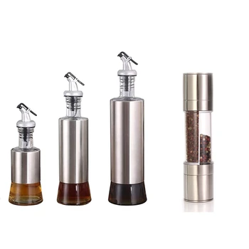 

5 Pcs Accessories: 1Pcs Stainless Steel Salt and Pepper Grinder Set & 4 Pcs Kitchen Seasoning Bottle With Funnel
