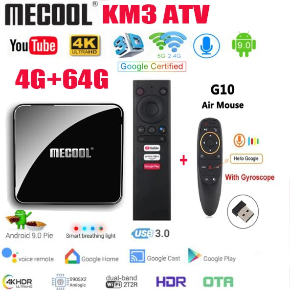 ТВ приставка MECOOL KM3 A TV Android tv 9 0 сертификация Google 4 ГБ 64 Amlogic S905X2 4K 2 4G 5G двойной Wi Fi BT4.0