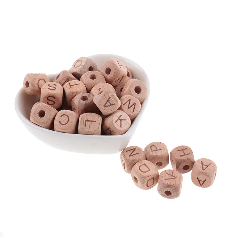 100pcs Wooden Letters Baby Wood Beech Beads Baby Teethers Necklace Food Grade Wooden Teether Nursing Letter Beads BPA Free