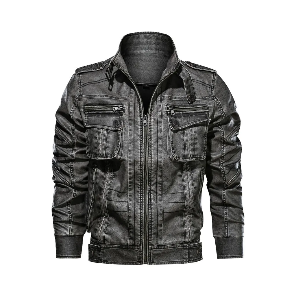 Черный Уличная мужская осень-зима veste homme винтажное однотонное пальто на молнии из искусственной кожи chaqueta hombre jaqueta masculino - Цвет: Черный