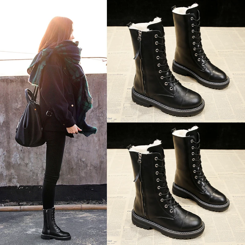 Г., новые зимние ботинки на платформе женская обувь черные плюшевые ботинки кожаные армейские ботильоны на шнуровке женская обувь на молнии, Botas Mujer
