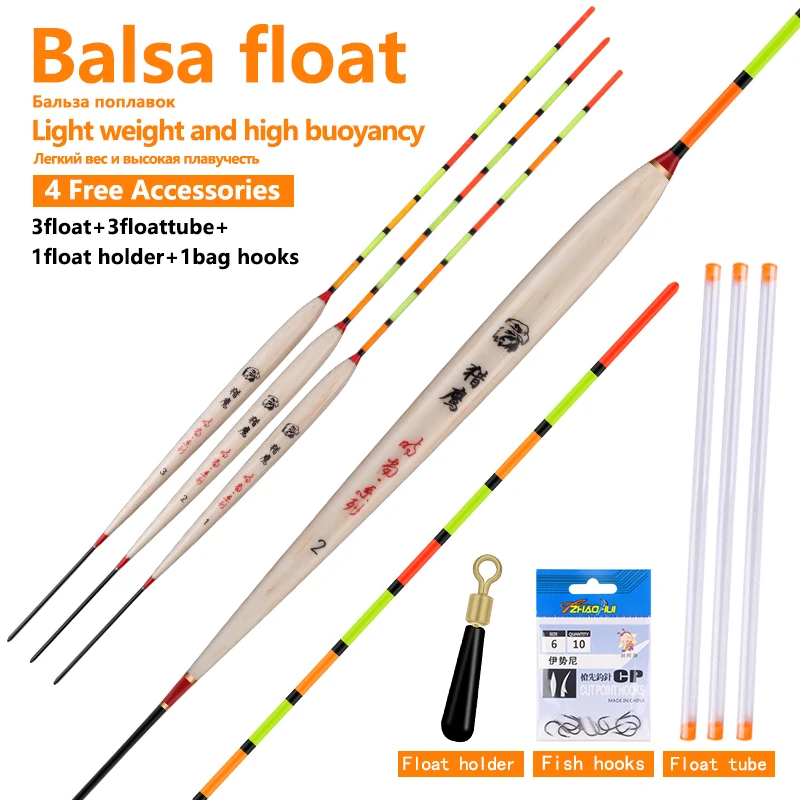 3pcs/lot Balsa Fishing Floats+1 Bag Hooks+1 Buoy Holder Hollow Tail Buoy  Sensitive Bobber Fresh Water Fishing Tackle Accessories