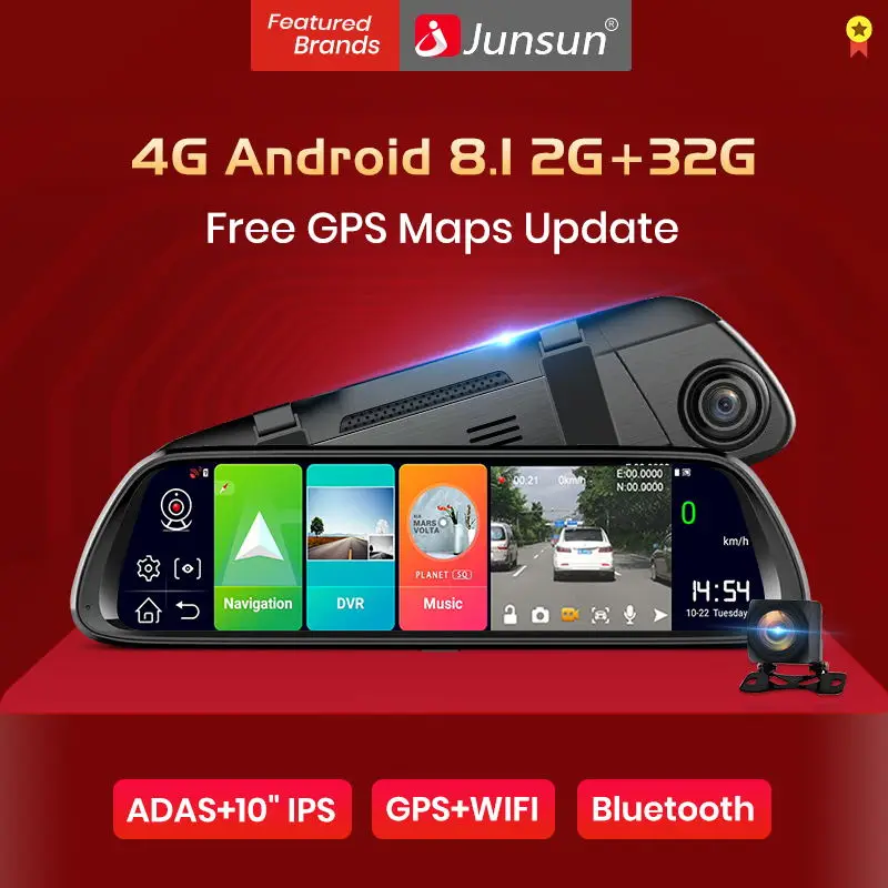 Junsun A960 Android 8 1 ADAS 2G + 32G 10 &quotСТРИМ медиа dash cam камера Автомобильная рекордер dvr dashcam gps