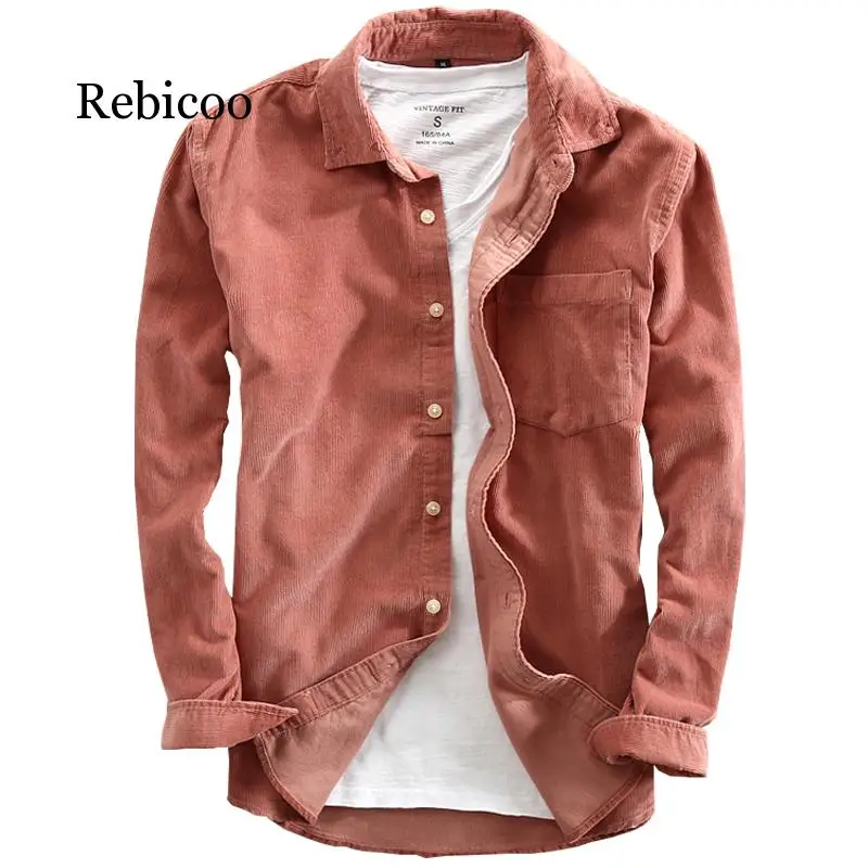 Men Spring And Autumn Fashion Brand Japan Style Vintage Slim Fit Corduroy Shirt Male Casual Blue Red Shirt Cloth