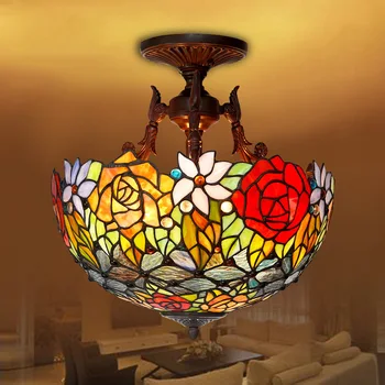 

selling 16 inch emperor tiffany chandeliers glass art decoration hanging amphibious LED to absorb dome light red roses