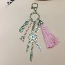 В европейском и американском стиле, лидер продаж в богемном стиле Стиль пряжа Ленточки брелок для ключей Ловец снов Для женщин Бирюзовый Сумка с изображением листочка кулон