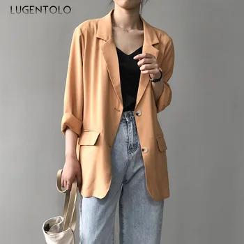 

Lugentolo Women Blazer Sumemr Solid Jackets Korean Simple Casual Straight Classic Pocket Thin Fashion Lady Blazers