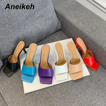 

Aneikeh New 2020 Summer Women Slipper Square Toe Thin High Heel Ladies Sandal Mules High Quality Elegant Dress Shoes Slides