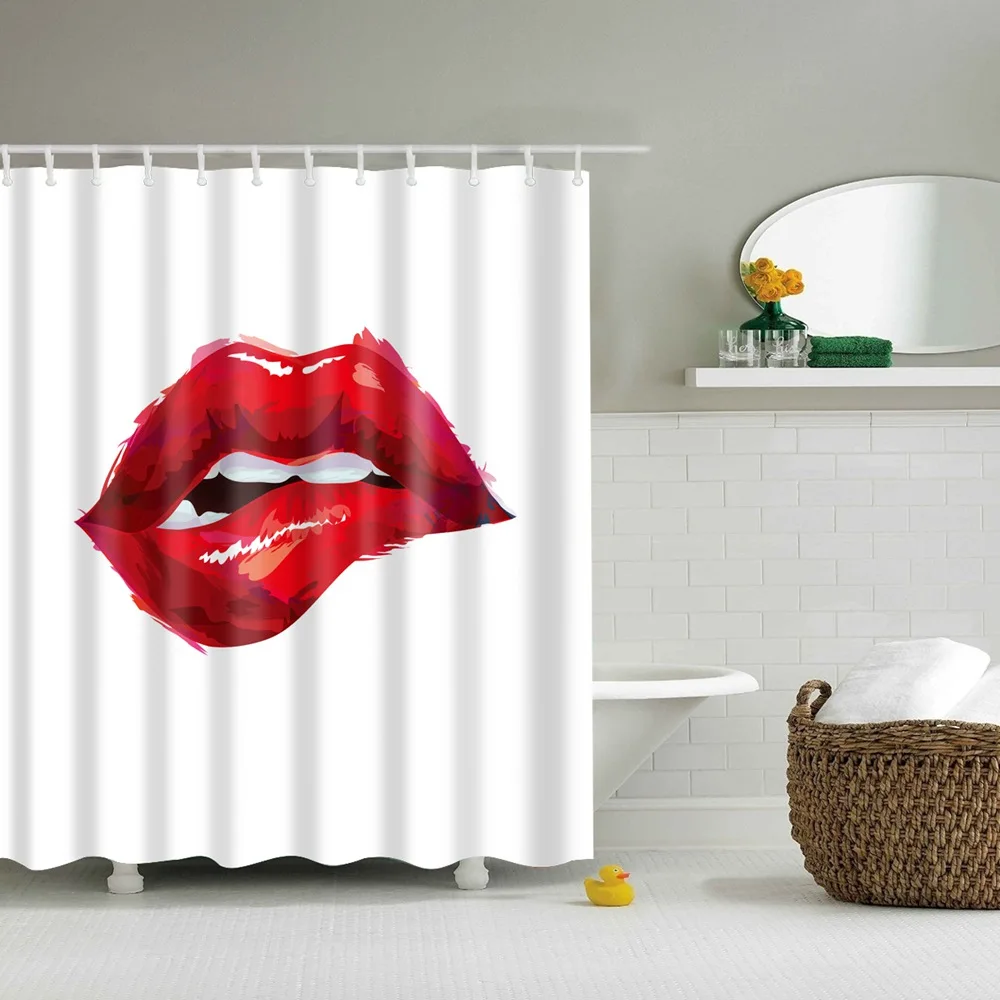 Черная душевая занавеска в комплекте, сексуальная женская рот красные губы, ткань для декора ванной комнаты, 72x72, водонепроницаемая полиэфирная занавеска для душа