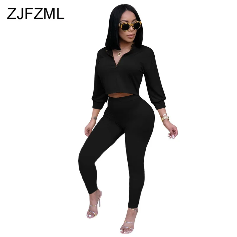 

Solid Causal 2 Piece Matching Set Sweat Suits Women Full Sleeve Front Zipper Crop Top + Bodycon Trousers Plus Size Sports Suit