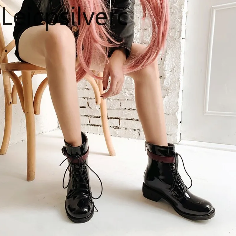 

Women's Boots Autumn And Winter The New Round head Lace Color matching Low-heeled Short tube Women's shoes plus size 34-46