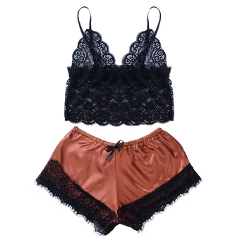 

New Women Sleevele Pajama Sets Lacess Strap Top Satin Short Camisole Sets Sexy Sleepwear Lace 2Pcs Pajamas Set