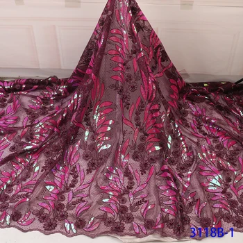 

2019 Latest French Advanced Sequins Nigerian Lace Dress Wedding Lace Fabrics 5Yards Sequins French Tulle Lace QF3118B-1
