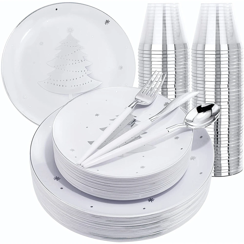 Patroon Wegwerp Set Wit Plastic Lade Wegwerp Zilverwerk Glazen Kerst Feestartikelen|Wegwerpfeestservies| - AliExpress