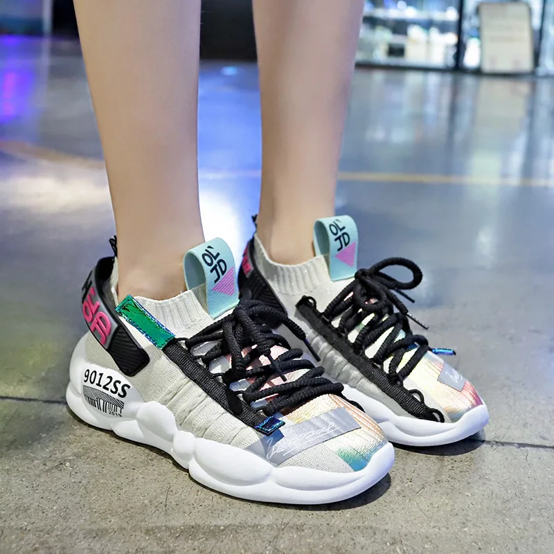 2021 Women's Sneakers Casual Socks Shoes Fashion Women Platform Lace Up Reflective Female Trainers Dad |