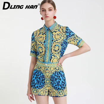 

LINGHAN Fashion totem Print Sets diamond Turn-down Collar Short Sleeve Shirt Tops+Shorts Two-piece suit Designer Summer Women