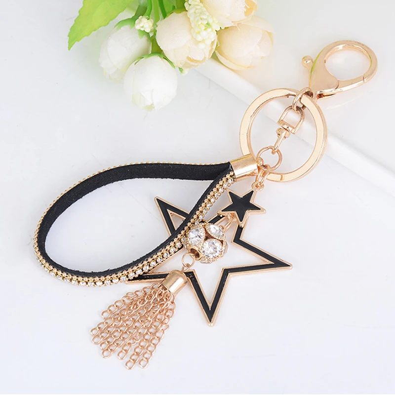 

ZG Fashion Rhinestone Crystal Star Keychain Chain Tassel Pendant Key Ring Holder Car Key Cover Women Bag Charms Trinket Gifts