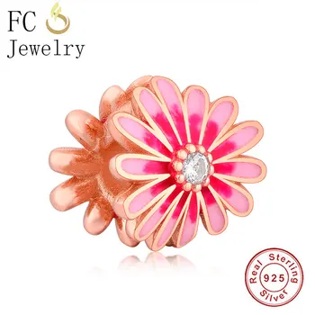 

FC Jewelry Fit Original Pandora Charm Bracelet Authentic 925 Silver Rose Gold Pink Enamel Daisy Bead For Making Women Berloque