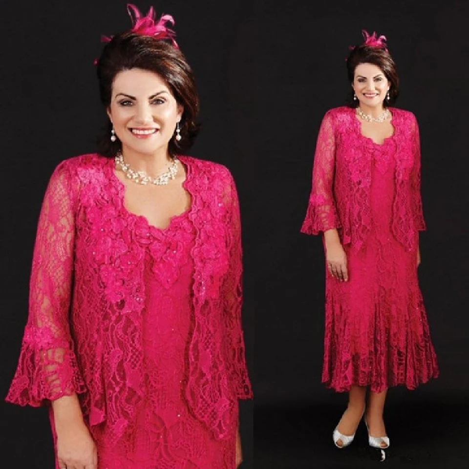 hot pink Винтажные кружевные платья для матери невесты с жакетом, свадебное платье для гостей размера плюс, ярко-розовые вечерние платья для свадебной вечеринки - Цвет: hot pink