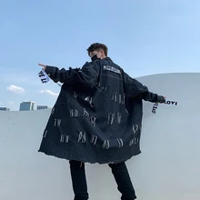 Осенняя Новинка, джинсовая ветровка с дырками, Мужская модная повседневная с буквенным принтом, длинная куртка, Мужская Уличная Свободная куртка в стиле хип-хоп