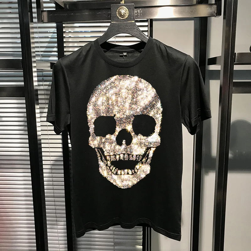 

Korean Slim Youth Design Summer Men's T-Shirt Skull O-Neck Short Sleeve Rhinestone Personalized Top