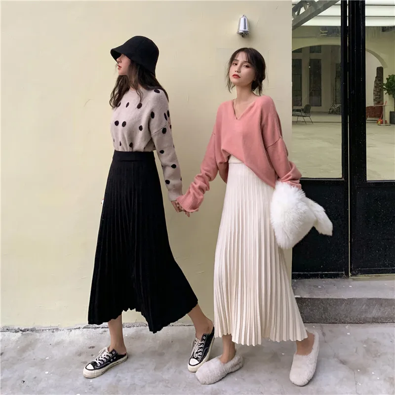 Show thin film video# 4753 qiu dong han edition of tall waist pleated splicing pressing fine plait knitting long skirts