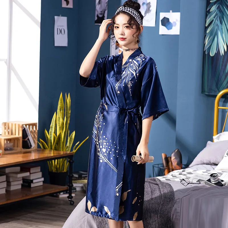 Navy Blue Женское шелковое атласное сексуальное кимоно, банный халат длиной до колен, банный халат для невесты размера плюс, Свадебный халат для невесты, свадебная Пижама - Цвет: Navy Blue